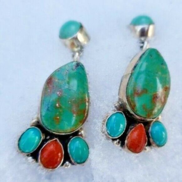 Native American Navajo  silver Turquoise Coral - Picture 2 of 3